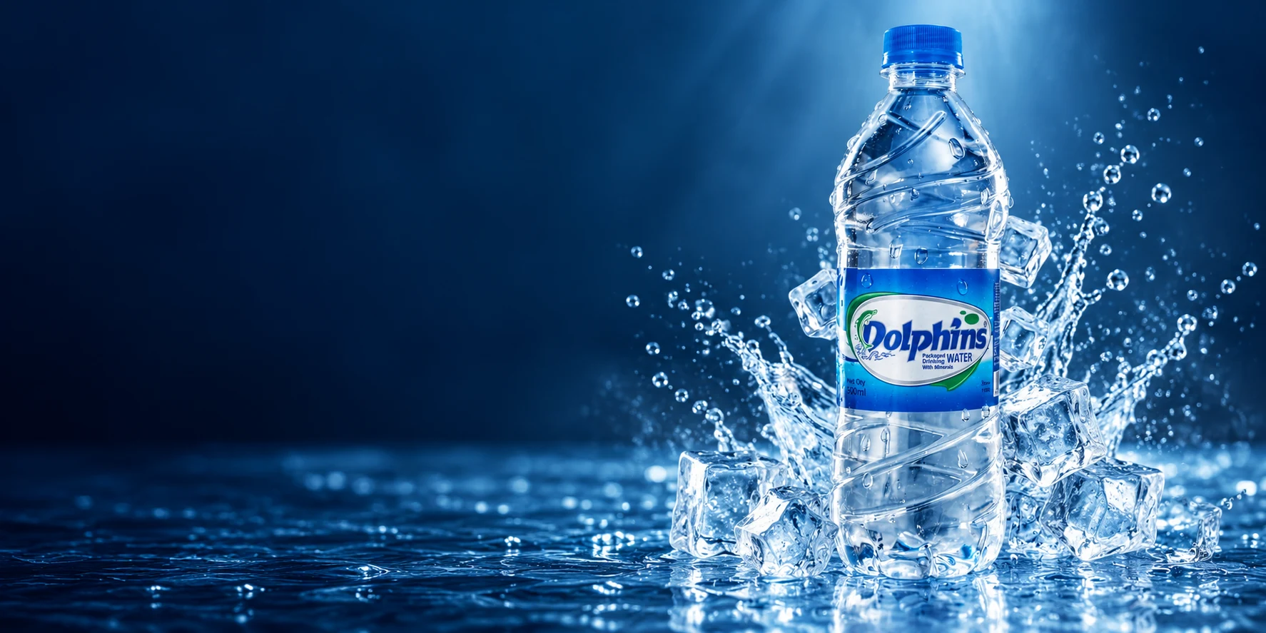 A chilled Dolphins packaged drinking water bottle surrounded by ice and splashing water.