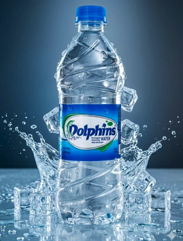 Dolphins packaged drinking water bottle surrounded by ice and splashing water